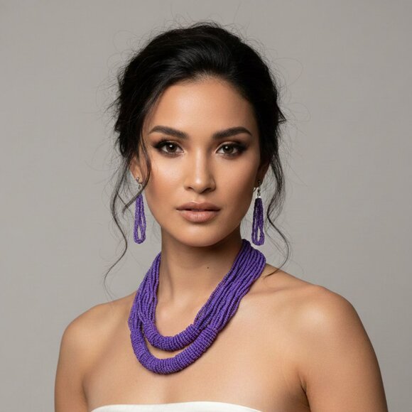 Purple Beaded Earrings & Necklace Set - Picture 3 of 6